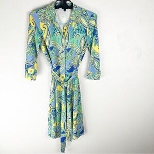 TALBOTS Paisley Print Button Front 3/4 Sleeves Belted Waist Dress, Size MP